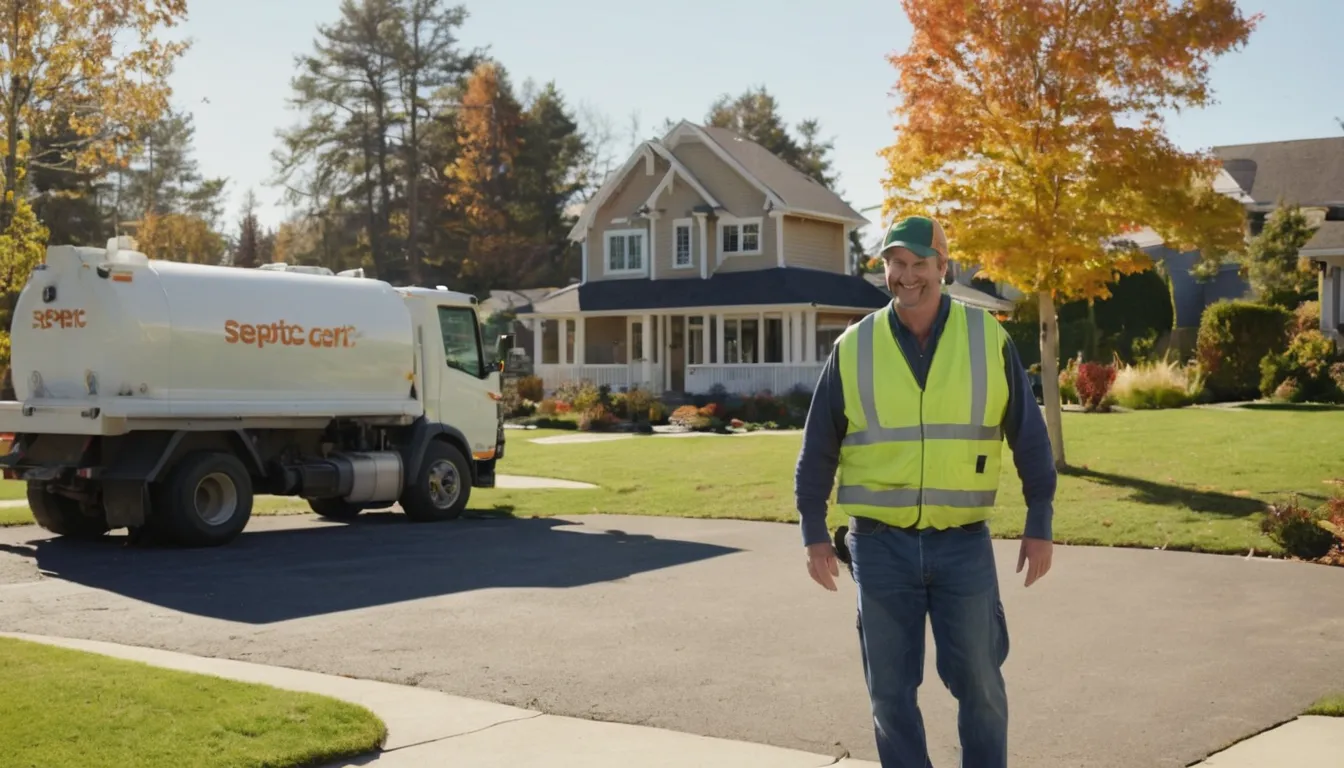 Homeowner talking with a septic provider beside a tank access area in Newark