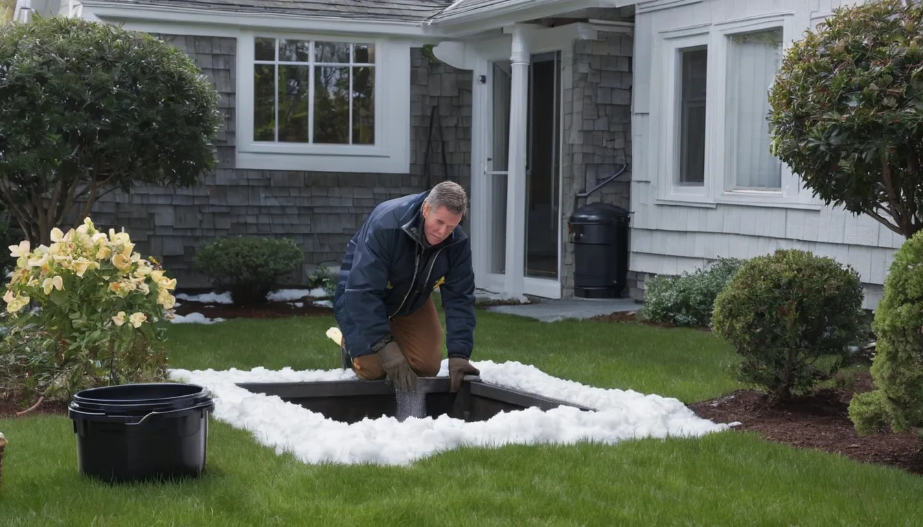 Local septic provider inspecting a residential septic tank lid in a snowy backyard in the Newark area